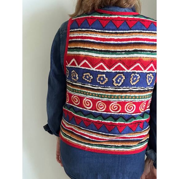 Vintage 80s Linen Graphic Print Vest Size Small Red Blue Green Artsy India Vibe - Picture 4 of 7